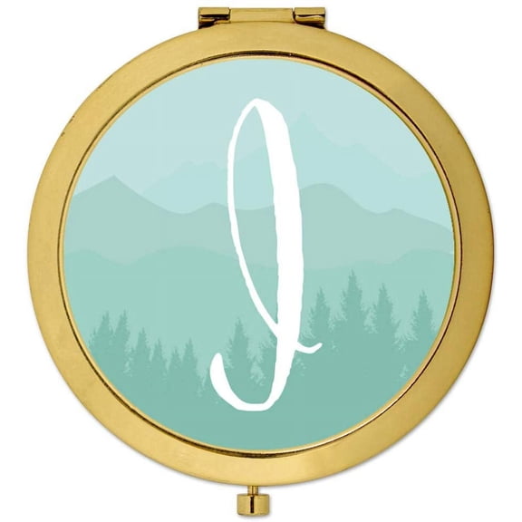 Koyal Wholesale Gold Compact Mirror Bridesmaid's Wedding Gift, Aqua Watercolor Rustic Trees, Monogram Letter I, 1-Pack