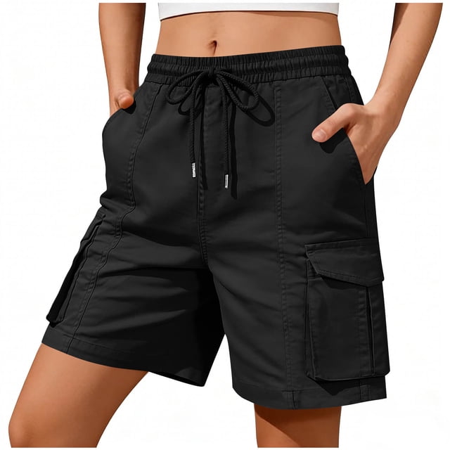 Ziynglg Cargo Athletic Shorts for Women Wide Leg Stretch Drawstring Shorts Solid Color Hiking Running Workout Shorts