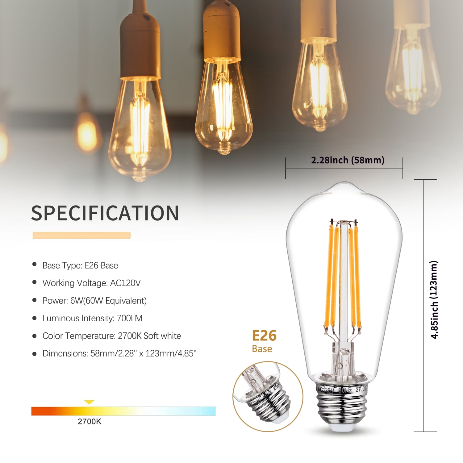 Austin Coast 12-Pack ST58 LED Bulbs, 6W (60W Equivalent), Warm White 2700K, E26 Base, Dimmable, 800 Lumens, Shatterproof