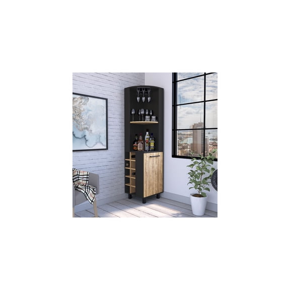 Sophisticated Simplicity Black Pine Corner Bar Cabinet 70.8" x 17.7" x 17.7" Laminate Design with Wine Rack and Interior Shelves