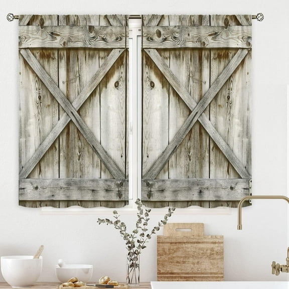 Rustic Farmhouse Kitchen Window Curtains Over Sink Rod Pocket 27.5W x 39L Inch Wooden Barn Door Curtains Country Western Wood Cafe Curtains Retro Grey Farm Village Short Small Drape 2 Panels