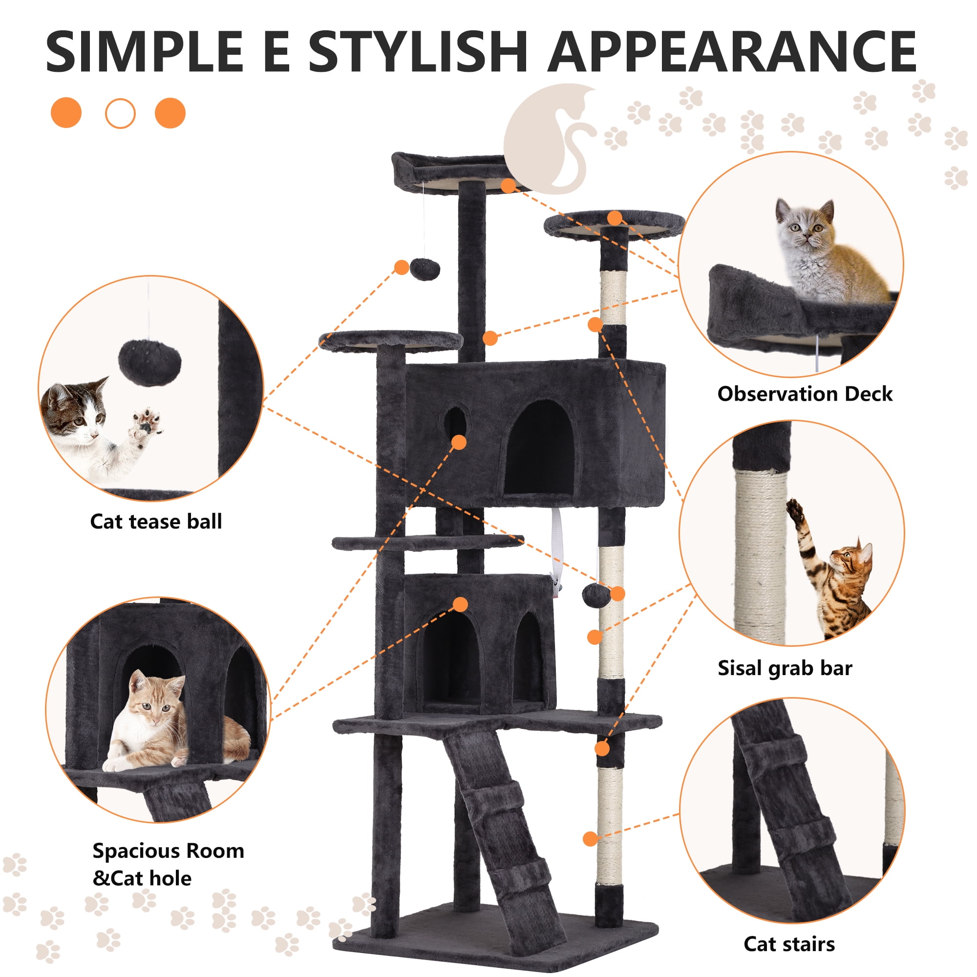 YRLLENSDAN 70in Cat Tree Tower for Indoor Cats,Multi-Level Cat Furniture Activity Center with Cat Scratching Posts Stand House Cat Condo with Funny Toys for Kittens Pet Play House,Dark Gray
