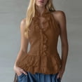 thumbnail image 2 of Craaazy Womens Ruffle Trim Boho Tops Sleeveless Halter Neck Solid Color V Neck Cotton Linen Peplum Blouses for Summer Casual Wear, 2 of 7
