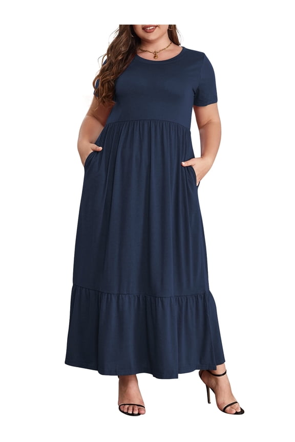 Women's Plus Size Casual Short Sleeve Crewneck Dress Flowy Tiered Loose Maxi Dress with Pockets Navyblue 1X-5X