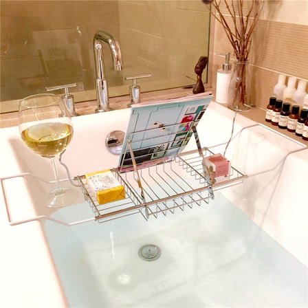 HURRISE Stainless Steel Bathtub Caddy Shower Rack Bath Tub Tray Organizer Holder Removable Wine Glass Holders and Book Holder