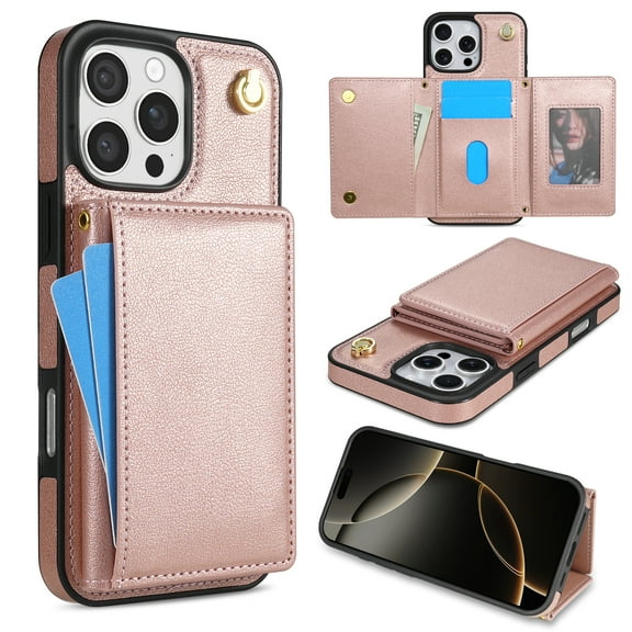 for iPhone 16 Pro Max Case, PU Leather Crossbody Wallet Case with Card Holder, Kickstand, Magnetic Clasp Folio Zipper Purse, Adjustable Removable Strap, Protective Back Cover, Rosegold
