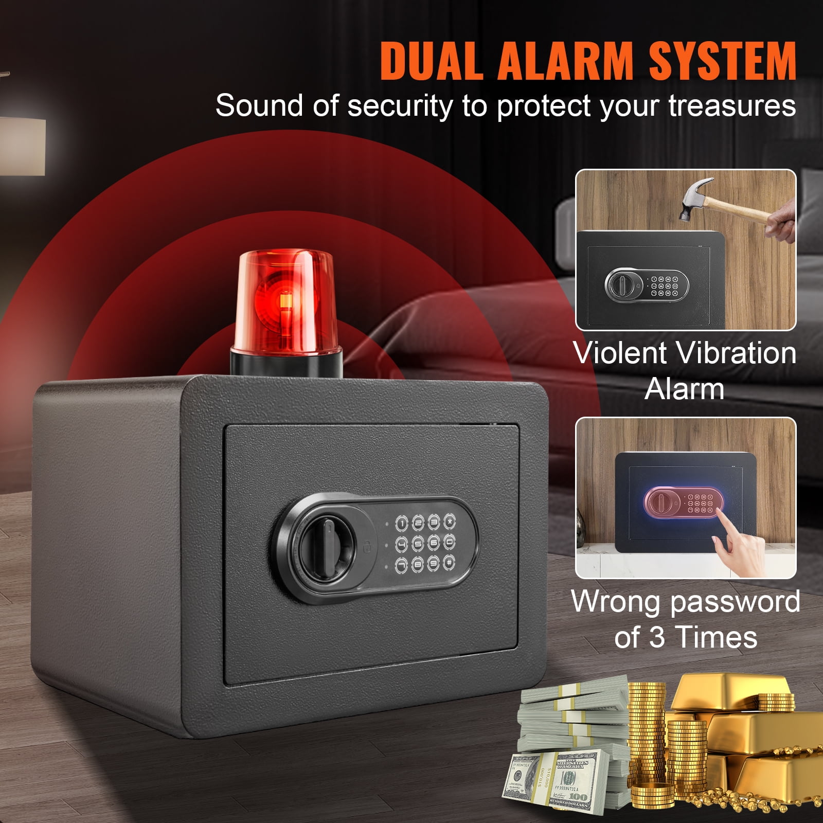 KFFKFF Safety Box, 0.5 Cubic Feet Residential Security Box, Steel Protection Box with Digital Lock and 2 Keys, Wall-Installed Storage Box for Money, Precious Metals, Jewelry