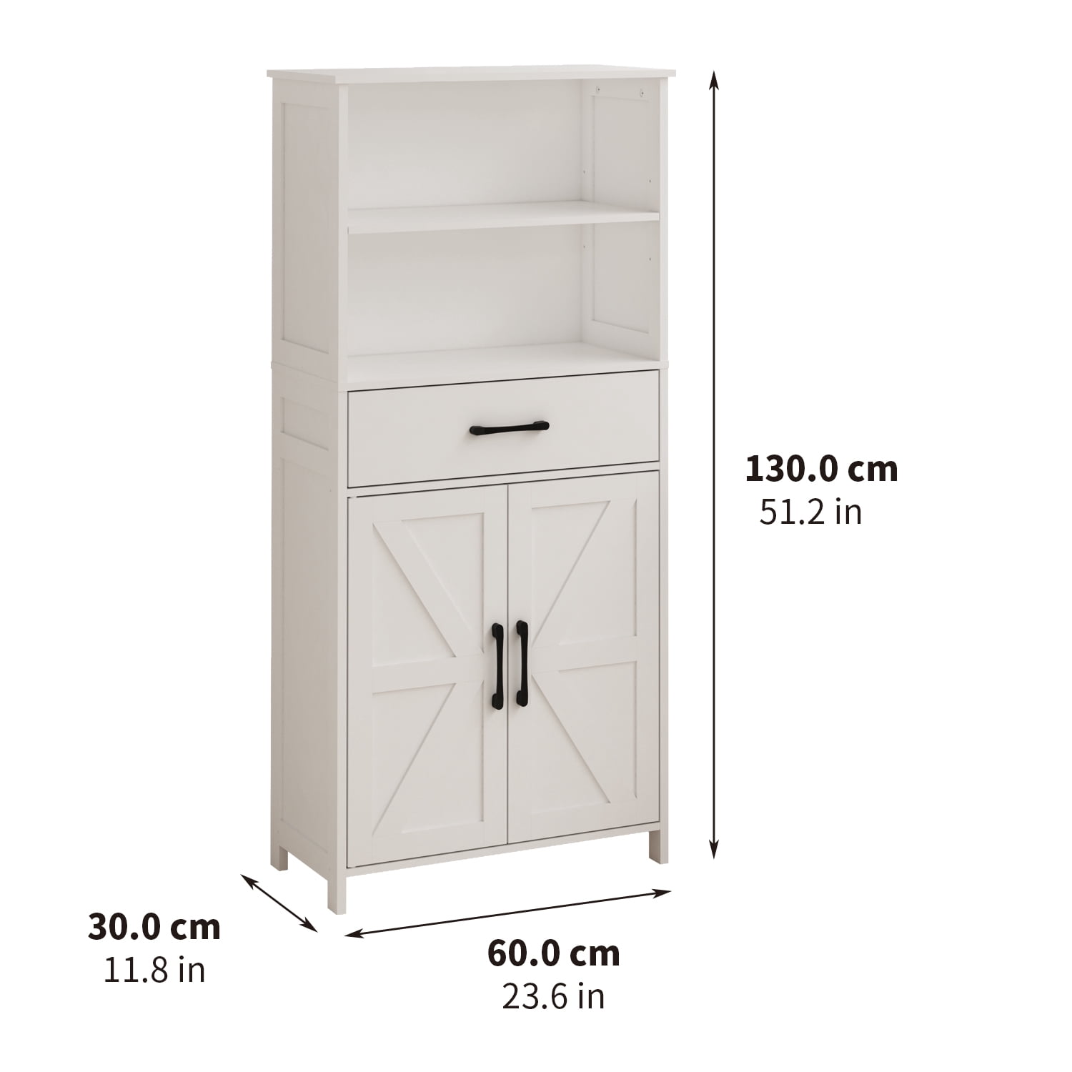LENLN Farmhouse Bathroom Floor Cabinet with 2 Doors, 1 Drawer & 2 Open Shelves, 51" Tall Freestanding Storage Cabinet for Kitchen, Living Room, White