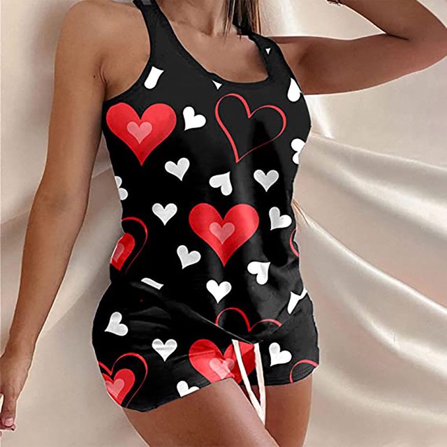 Mikilon Ensemble de Pyjama pour Femmes Imprimé Amour de la Saint-Valentin Taille Élastique Short