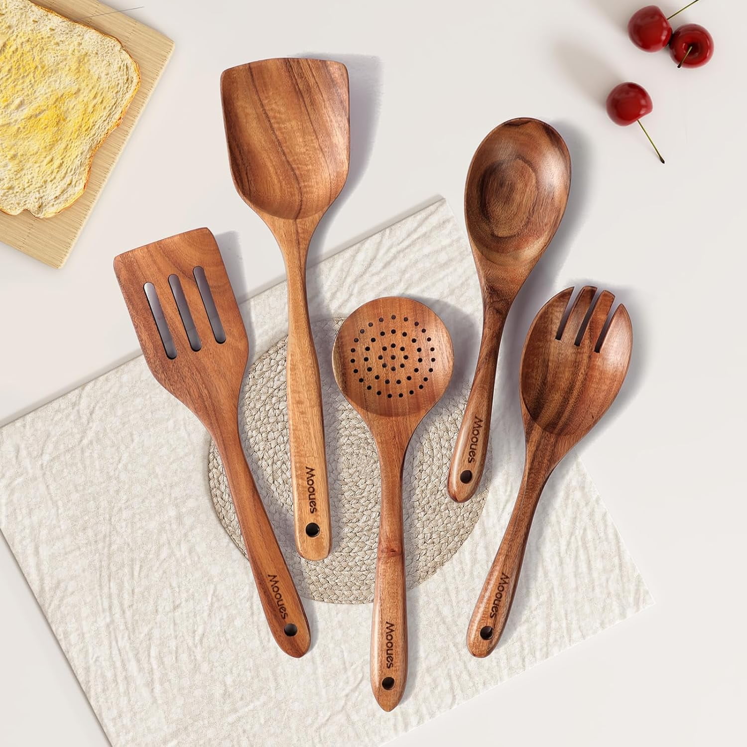 TKINGOP 9PCS Wooden Spoons for Cooking Handmade Natural Teak Wooden  Utensils for Cooking with Holder & Spoon Rest Comfortable Grip Kitchen  Utensils
