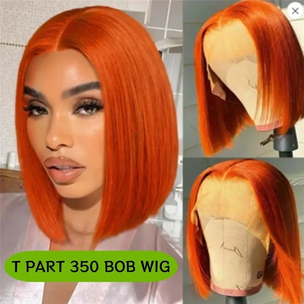 Lace Front Short Wig Orange Ginger Straight T Part Lace Transparent Frontal Wigs Human Hair