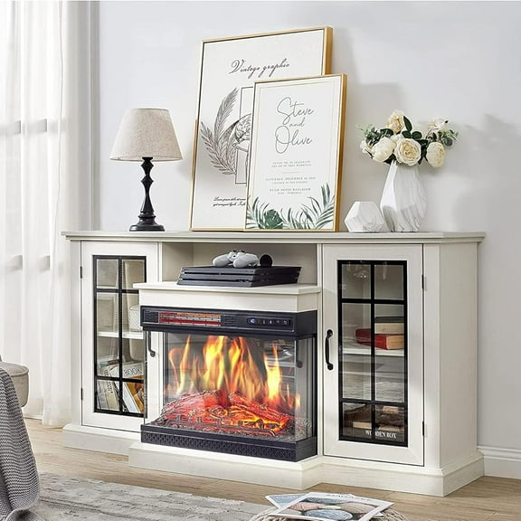 Yesurprise 59" White Fireplace TV Stand Featuring a 24" Electric Fireplace & 2-Tier Storage Shelf with 12 LED Flame Colors