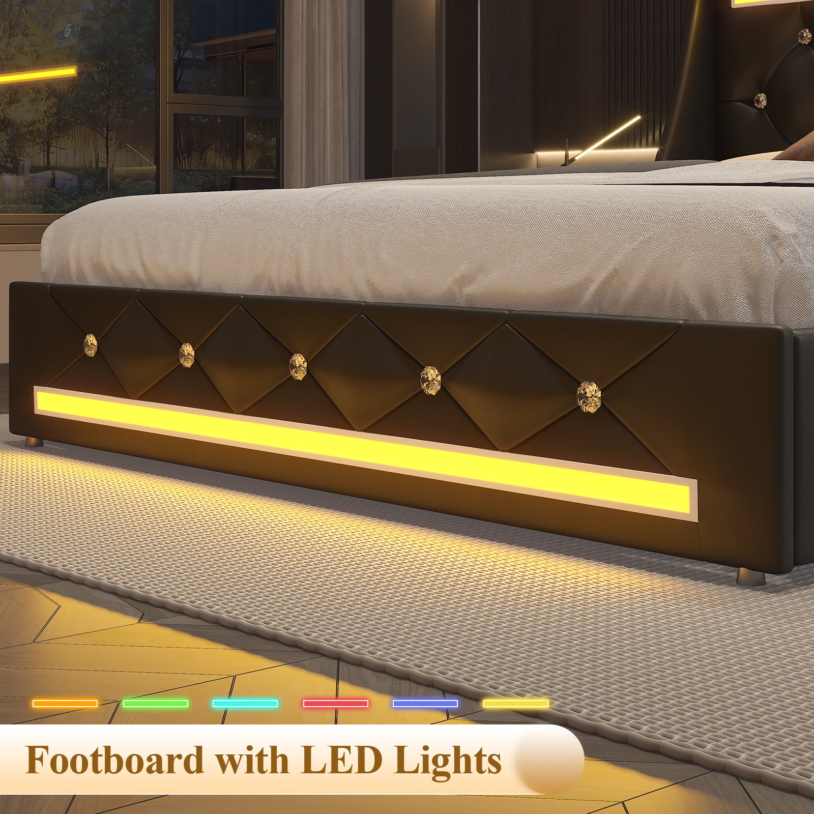 E-motie Queen Bed Frame with 2 Storage Drawers, Upholstered Headboard with LED Light & Charging Station, Diamond Tufted Style, Pu Leather, Black