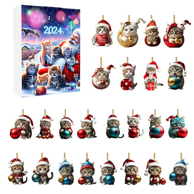 Decoraciones navideñas para el hogar Calendario de Adviento para las fiestas navideñas 2025 Adornos para el árbol de Navidad Adornos 2D con forma de gato Adornos para el árbol de Navidad (24)