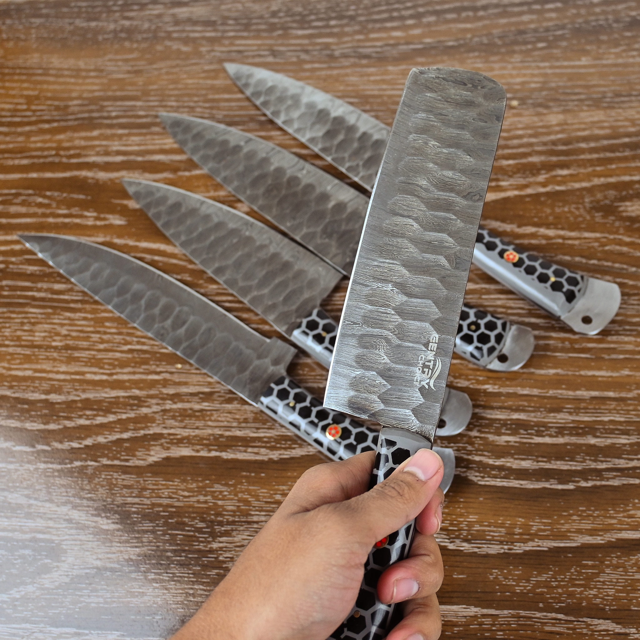 Damascus Kitchen Knife Set 5 Piece, High Carbon Steel Chef Knives with Resin & Mosaic Handles, Razor Sharp with Leather Sheath