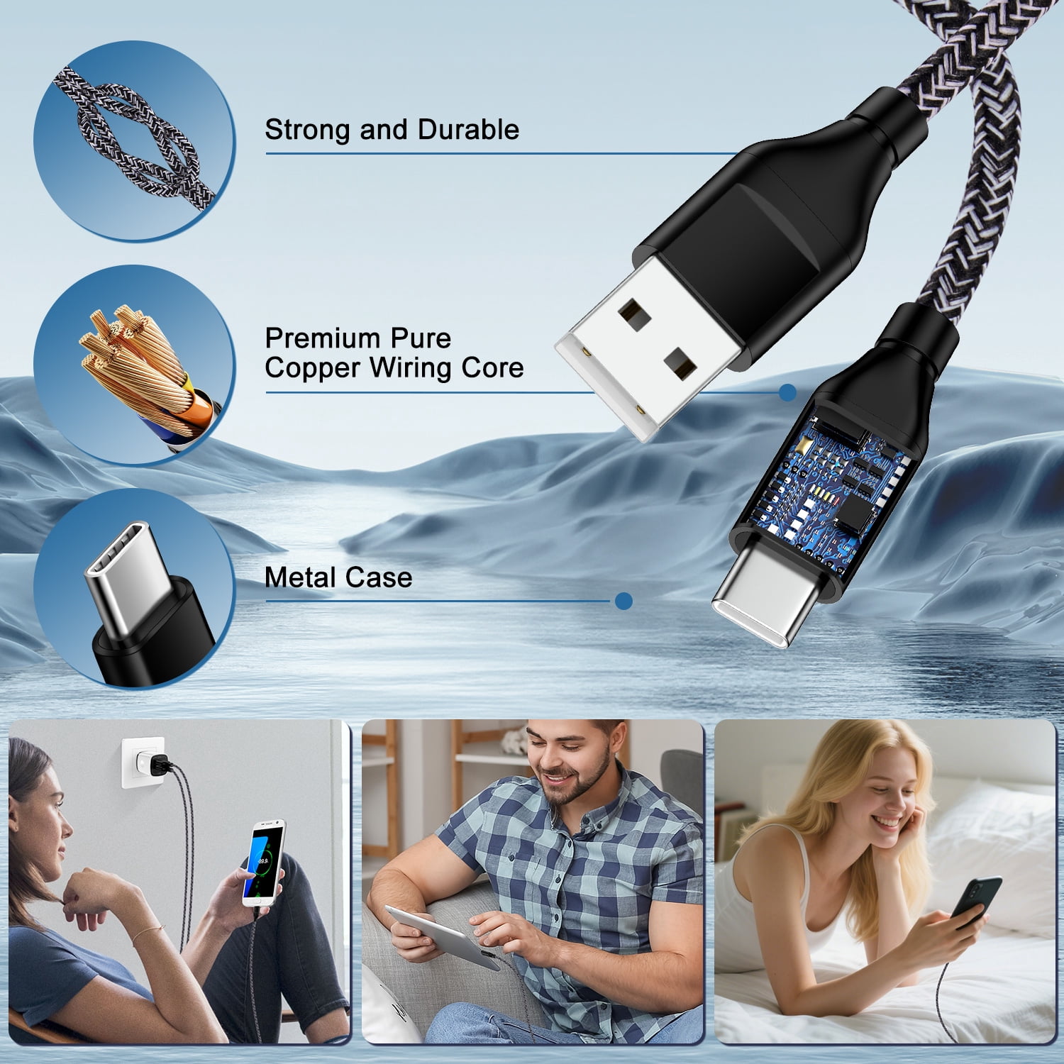 Type C Charger Block, Dual Port Wall Charger Adapter with 2pcs Type C Charging Cable 6FT, USB C Charger Fast Charging USB Brick Cube Power Base Charger Station Compatible for iPhone Samsung, Black
