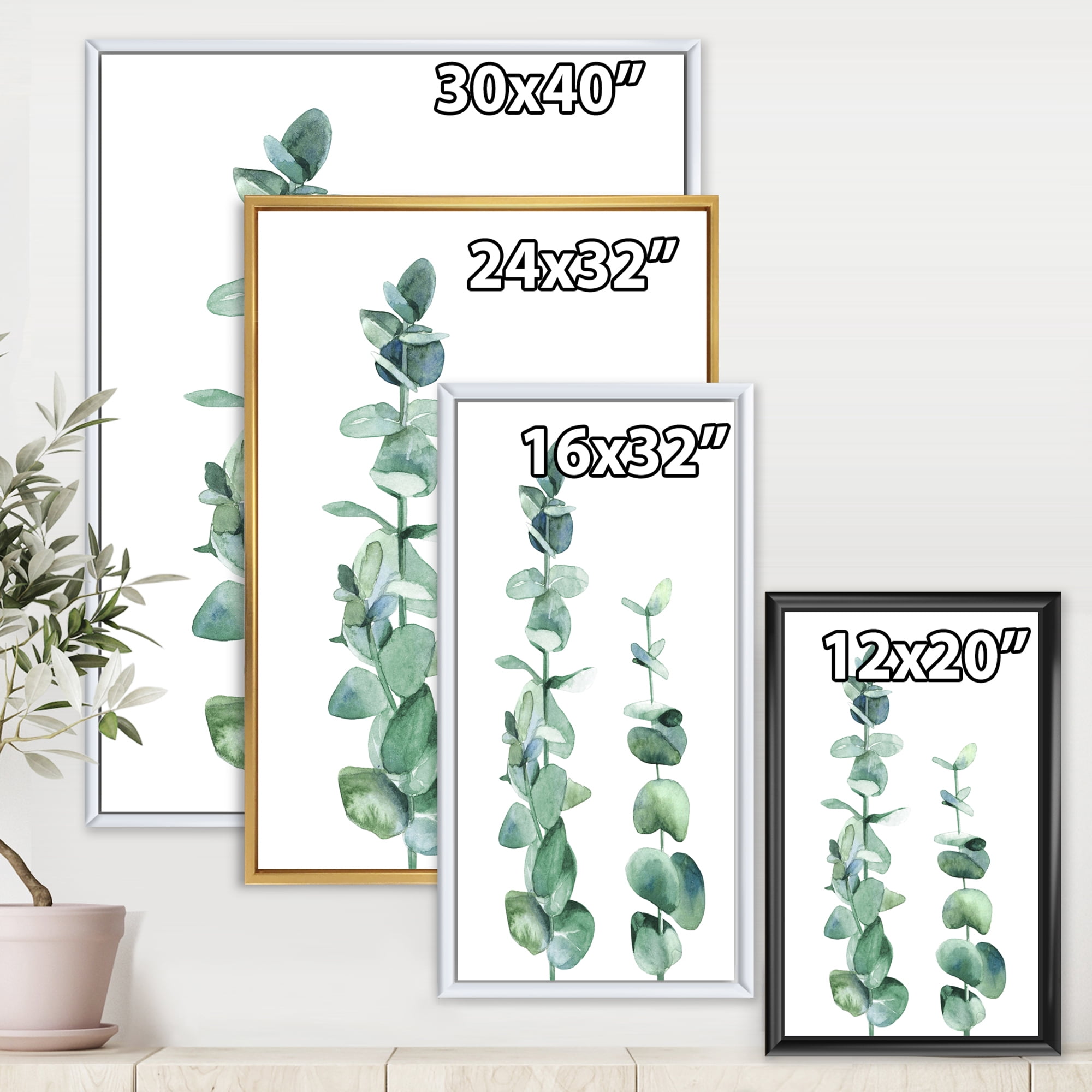 Designart 'Green Eucalyptus Branch' Tropical Framed Canvas Wall Art Print