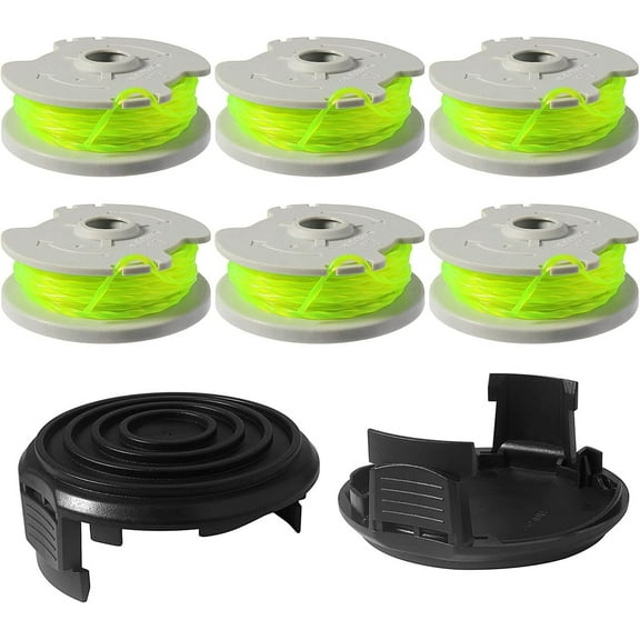 THTEN WA0014 Trimmer Replacement Spools for Worx WG168 WG184 WG190 WG191 Weed Eater String Edger Spool Line Refills Parts Auto-Feed 20ft 0.080" with WA0037 Cap Covers (6 spools,2 Cap)