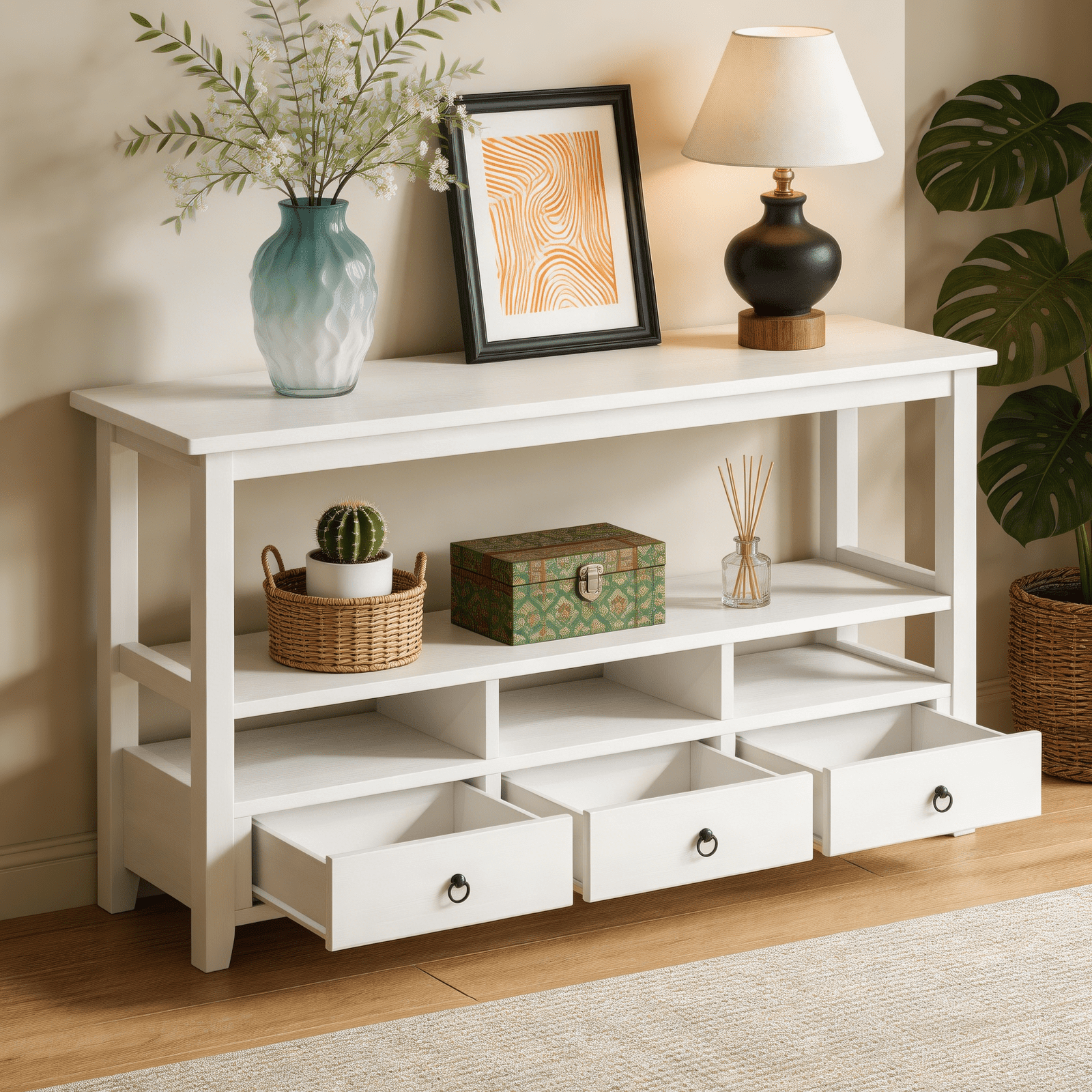Ktaxon 58" Mid-Century Console Table with 3 Drawers, Sofa Table Entryway Table Living Room Storage Table with 4 Shelves for Hallway, Entry, Foyer, Office, White