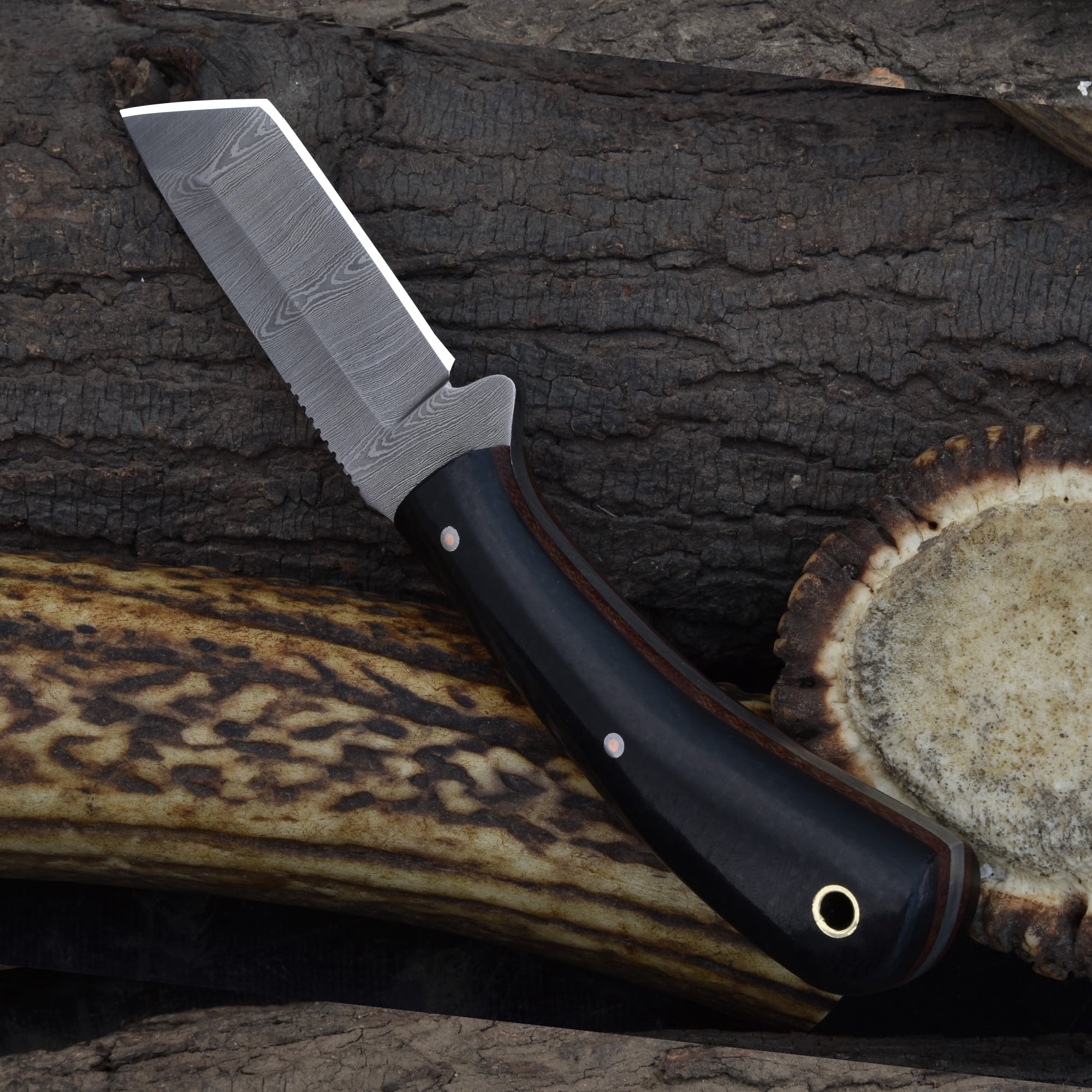 Knives Ranch Handmade Everyday Carry Knife - Full Tang Damascus Steel Blade - Horizontal Leather Sheath - Fixed Blade Utility Knife with Micarta Handle