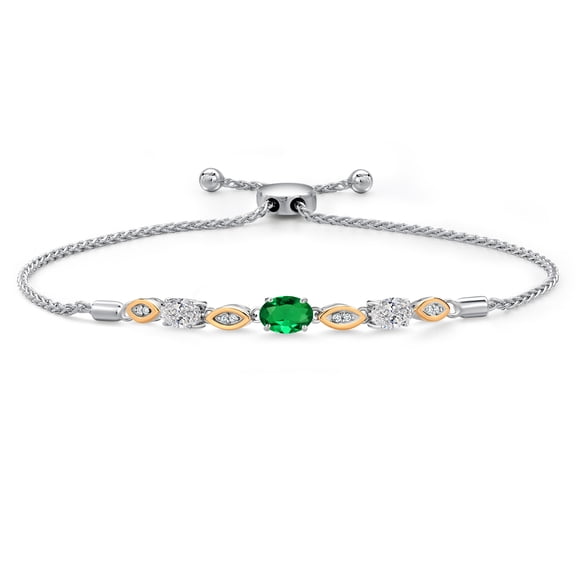 Gem Stone King 925 Silver and 10K Yellow Gold Green Nano Emerald and Lab Grown Diamond Bracelet for Women | 1.46 Cttw | Gemstone May Birthstone | Oval 7X5MM | Fully Adjustable 9 inch