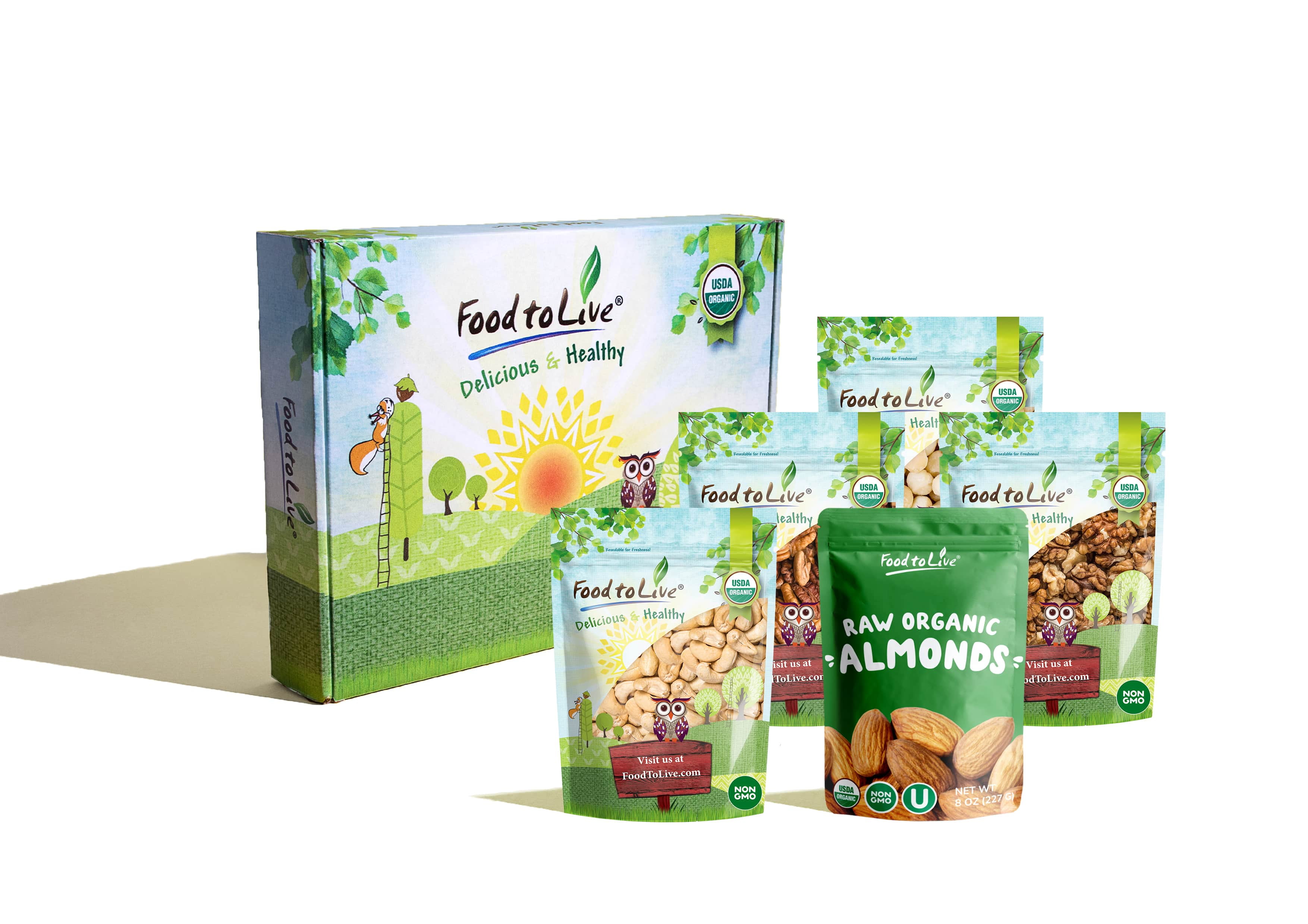 Organic Deluxe Nuts in a Gift Box - A Variety Pack of Pecans, Macadamia Nuts, Cashews, Walnuts and Almonds – by Food to Live