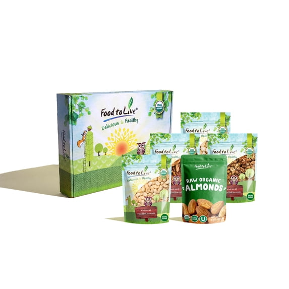 Organic Deluxe Nuts in a Gift Box - A Variety Pack of Pecans, Macadamia Nuts, Cashews, Walnuts and Almonds – by Food to Live