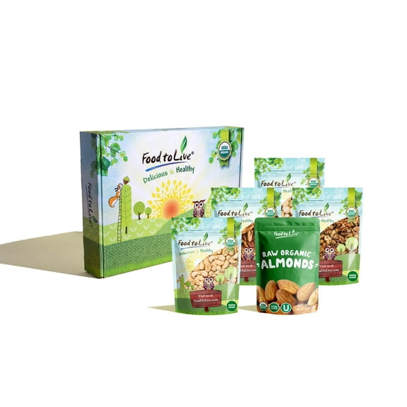 Organic Deluxe Nuts in a Gift Box - A Variety Pack of Pecans, Macadamia Nuts, Cashews, Walnuts and Almonds – by Food to Live