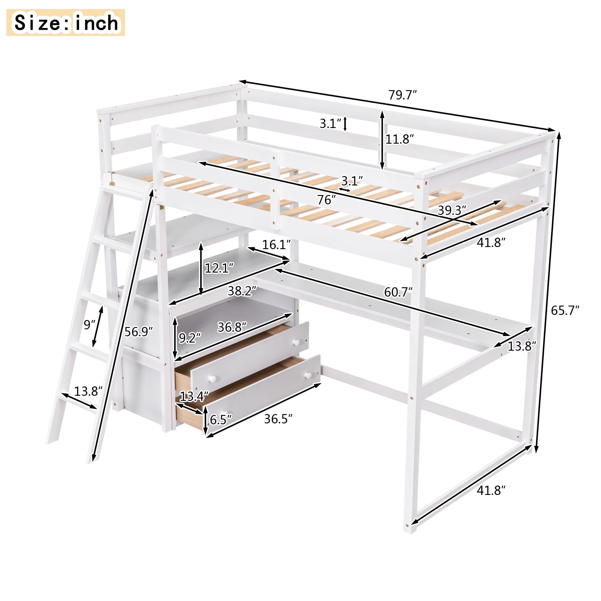 MAYEERTY Twin Size Loft Bed - Desk, Shelves & 2 Built-in Drawers, White