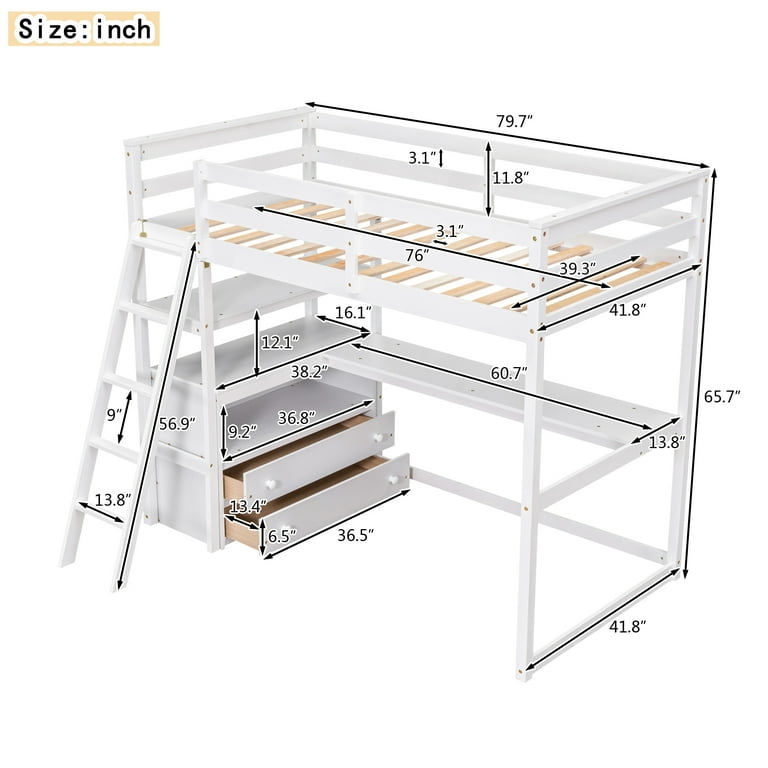 Euroco Twin Loft Bed with Desk for Child White Walmart