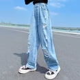 thumbnail image 6 of Girls' Spring Fall Denim Pants With Distressed Rips Kids' Dad Style Wide Leg Trousers Blue 14 Y-15 Y, 6 of 7