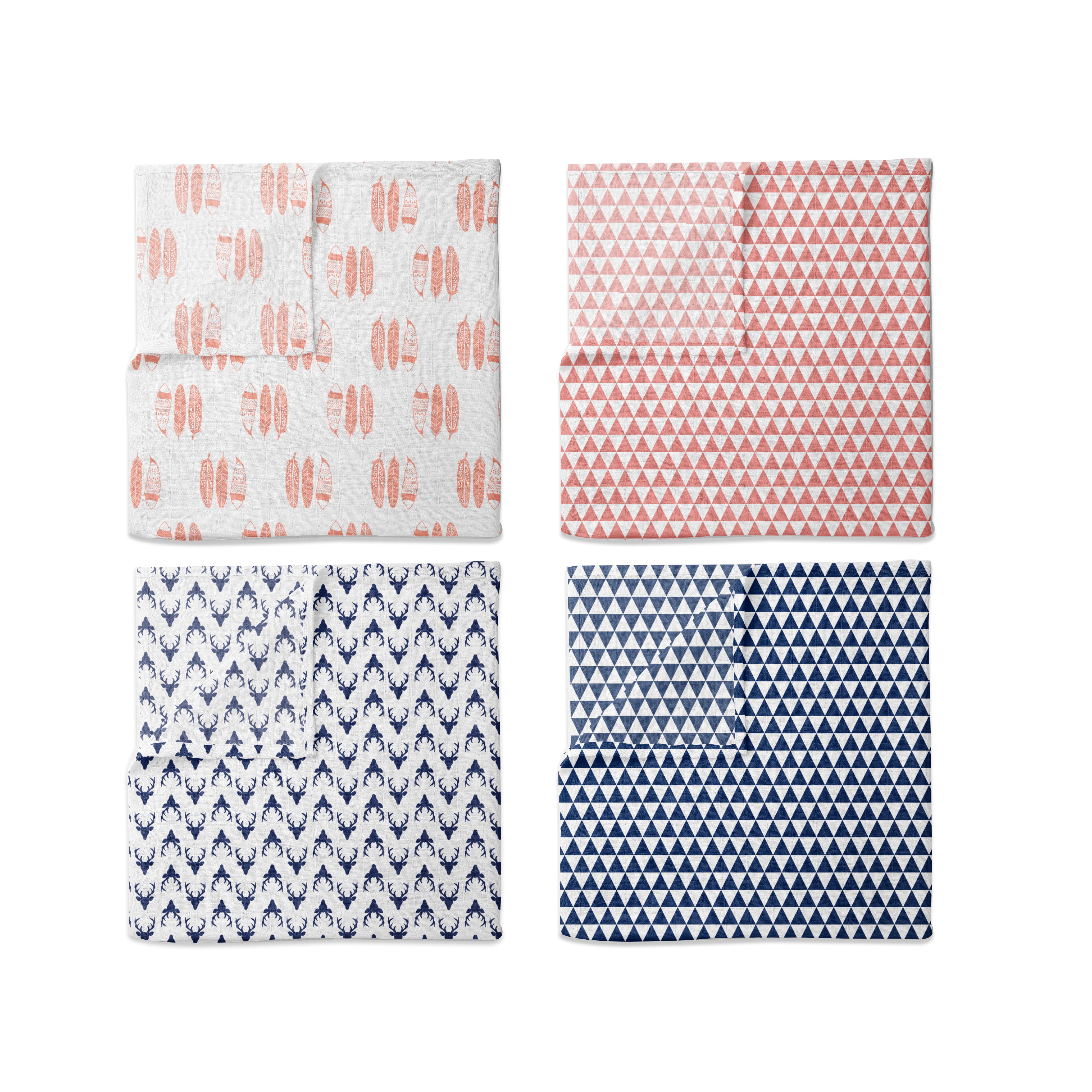 Bacati - Tribal Coral/Navy Feathers/Buck/Triangles Muslin Girls Crib Bedding Set
