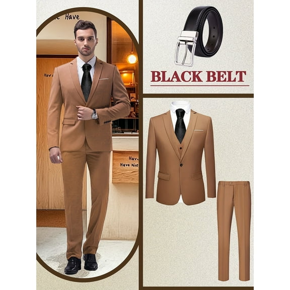 Beauty-Emily Men’s 4-Piece Business Suit Set, Lapel Jacket, Vest, Slim Trousers & Belt – Solid Color Formal Attire for Office, Meetings & Special Events