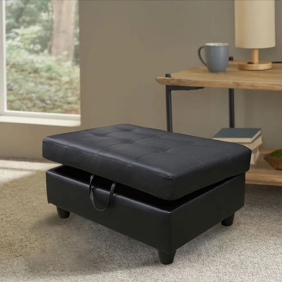 Black Faux Leather Storage Ottoman for Living Room and Bedroom