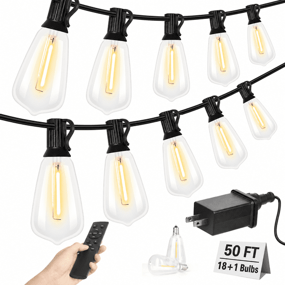 Outdoor String Led Patio Lights, 50Ft Waterproof Light 18 Bulbs 1 Spares with Remote Dimmable ST38 Shatterproof Bulb, for Backyard Yard Porch Party