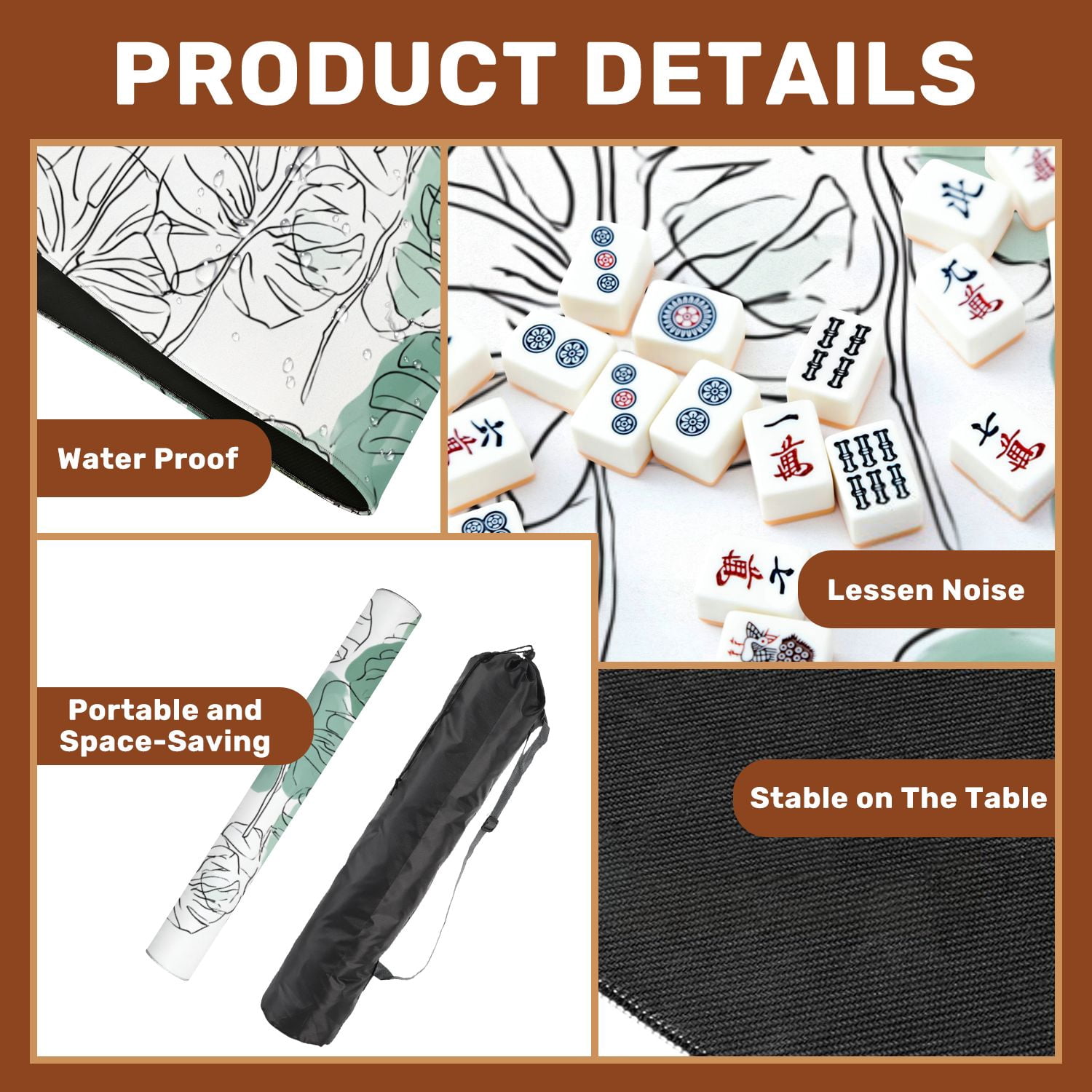 Mahjong Mat 31.5" x 31.5" Abstract minimal monstera leaves plant line drawing Non-Slip Noise Reduction American Mahjong Tiles Table Cover for Dominoes Poker Card Board Games Gift