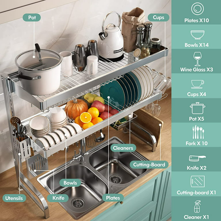 Over The Sink Dish Drying Rack, Yodudm 2 Tier Stainless Steel Large  Adjustable Kitchen Dish Drainer(27.5-33.5), Space Saver Storage Organizer  Shelf Above Counter with Utensil Holder and 6 Hooks 