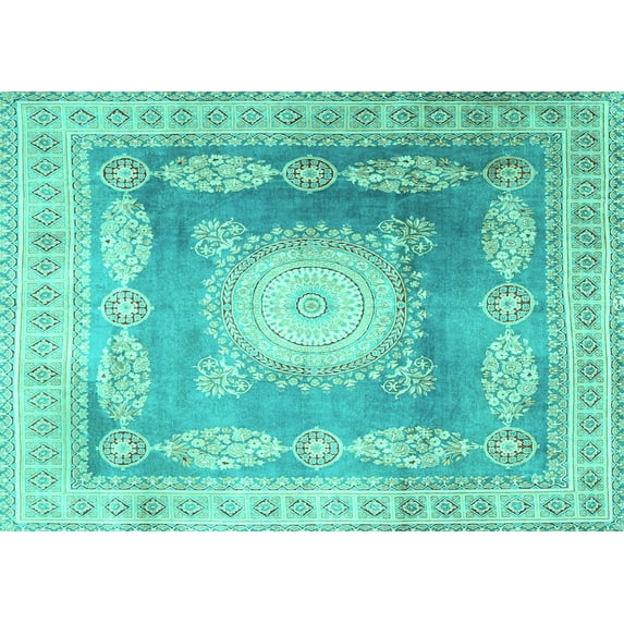 Ahgly Company Indoor Rectangle Medallion Turquoise Blue Traditional Area Rugs, 7' x 9'