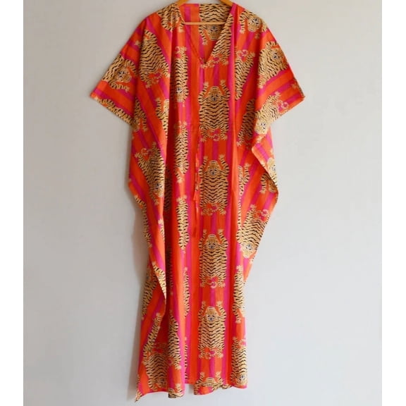 Cotton Fabric Tiger Print Indian Kaftan Dress Long Top Caftan, Dress Beach Cover up, Printed Sleepwear Maxi Dress Boho Kimono Robe