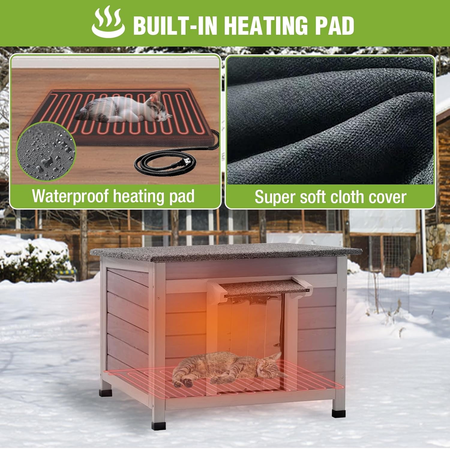 MEDEHOO Heated Cat House Outdoor Insulated Cat House for Outside Weatherproof Feral Cat Shelter with Heated Pad, Insulated Thermal Liner, Chewproof Cable for Cats (Winter-Ready)