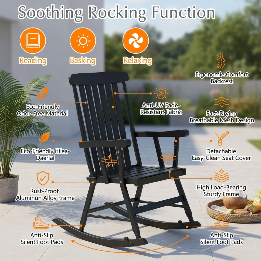 Hommoo Outdoor Rocking Chair, Solid Rubber Wood Patio Rocker with Slatted Backrest, Ergonomic Curved Armrests & High Back Support, Black