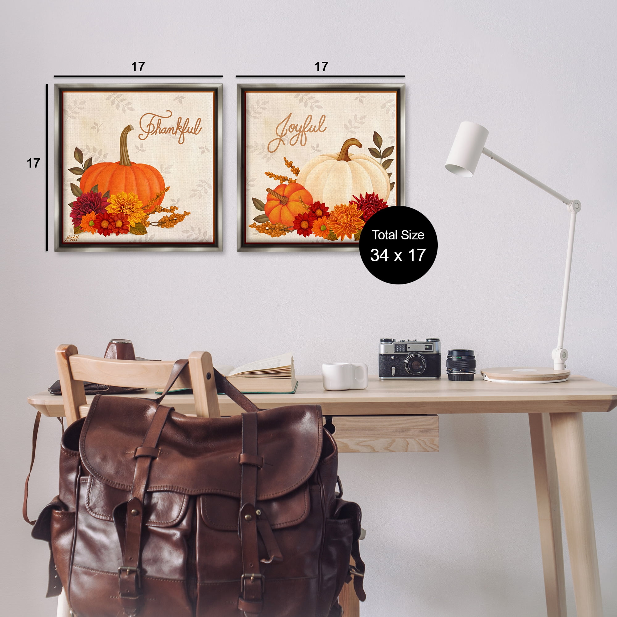 Stupell Industries Joyful Thankful Sentiment Pumpkin Holiday Painting Gray Floater Framed Canvas Art Prints Wall Art, 18 x 18, Set of 2
