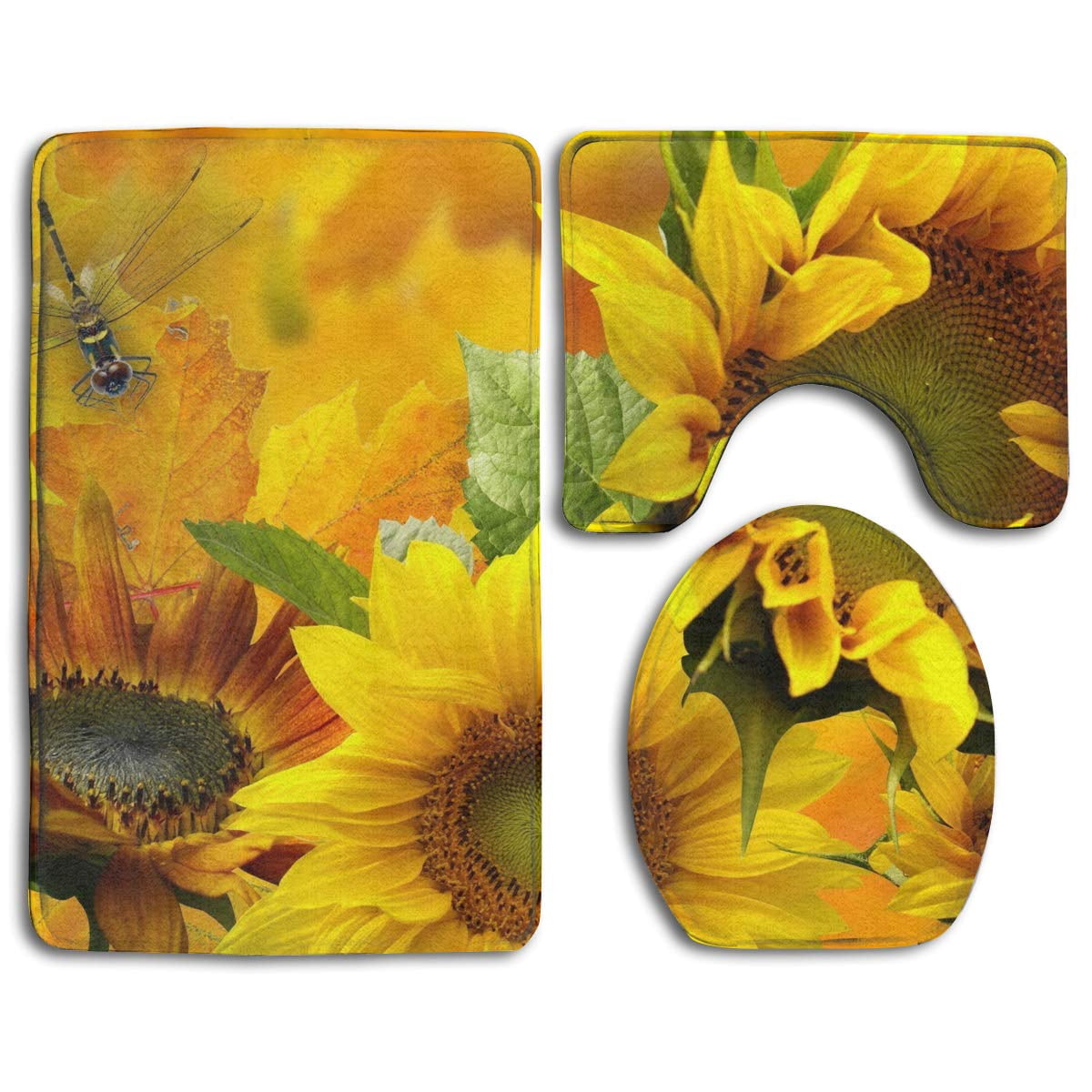 CHAPLLE Yellow Sunflower 3 Piece Bathroom Rugs Set Bath Rug Contour Mat ...