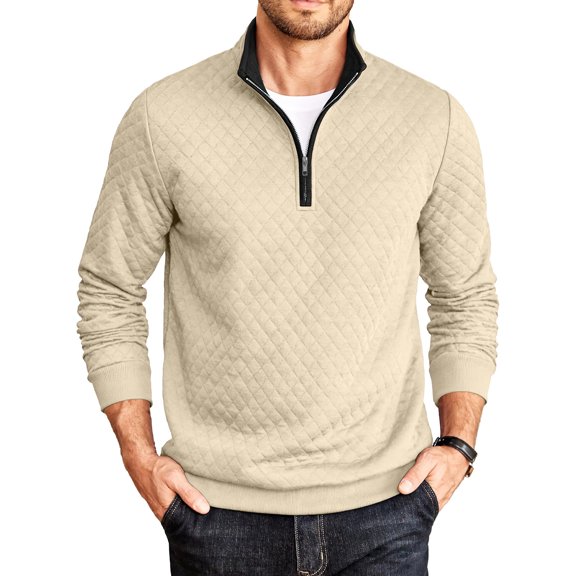 TOUMENY Men Zip Up Sweater High Neck Long Sleeve Solid Casual Comfy Slim Fit Pullover Fashion Knit Fall Winter Layer Tops Jacket Beige XXXL