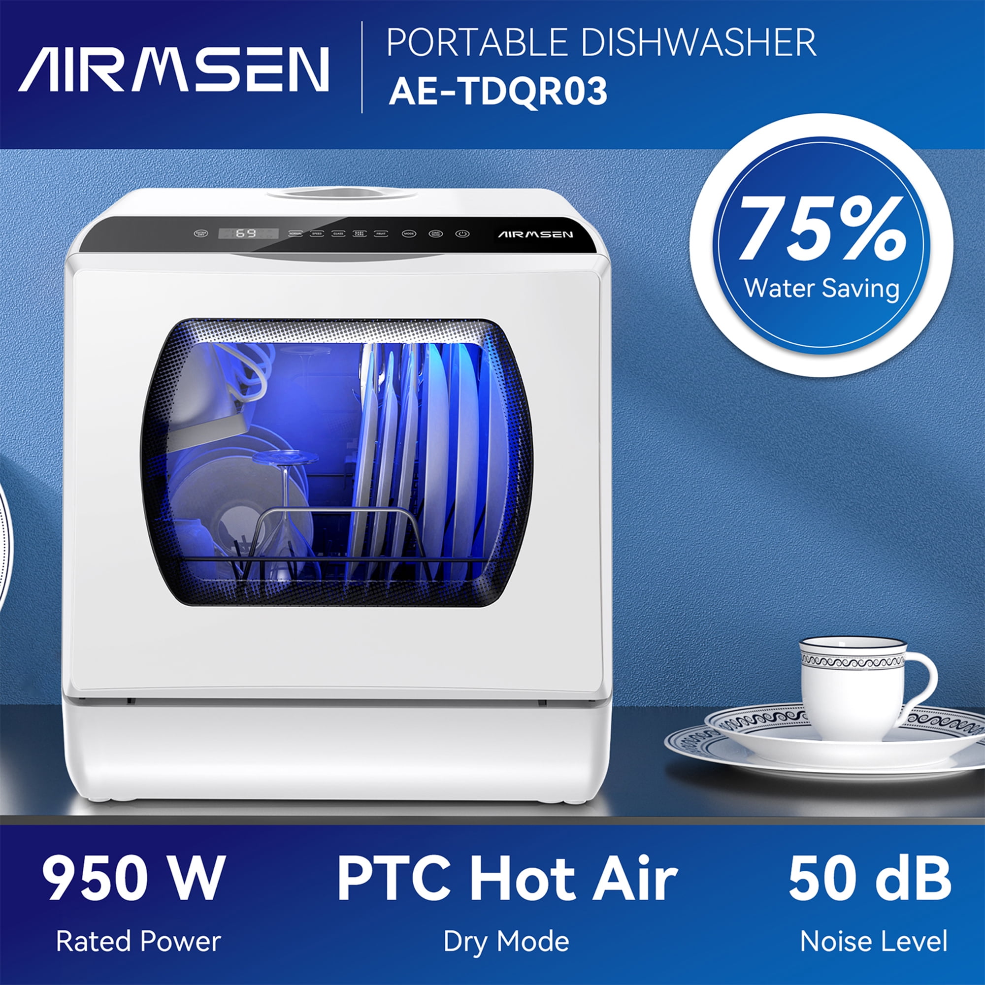 AIRMSEN Portable Countertop Dishwasher with 5-Liter Built-in Water Tank and Air-Dry Function, 5 Washing Programs, AE-TDQR03