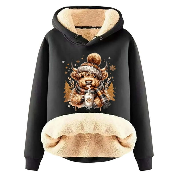 WILLBEST Sudadera con Capucha Oversize para Mujer, con Estampado Navideño de Vaca y Cordero Mediana