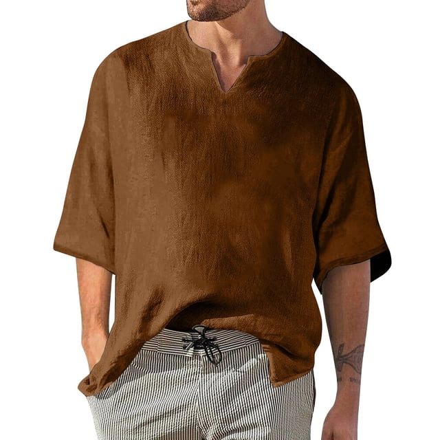 Men's Solid Color Pleated Quarter Sleeve Top Men's Retro V-Neck TopM