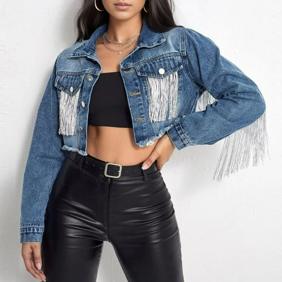 EGNMCR Long Sleeve Hoodless Denim Outwear & Jackets Women's Fashion Tassel Patchwork Distressed Denim Jacket Women Coat