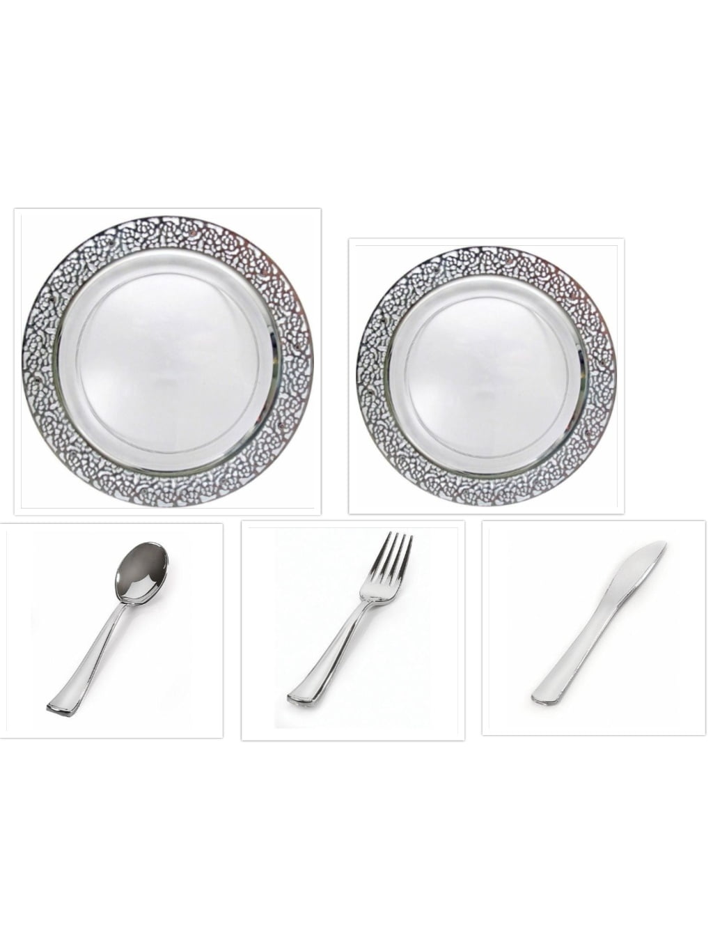 Inspiration Clear with Silver Lace Border 10" Dinner Plates + 7" Salad