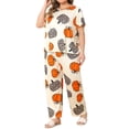 thumbnail image 6 of Agnes Orinda Women's Plus Size Halloween Pumpkin Print Pajama Set Short Sleeve Crew Neck Top and Elastic Waist Long Pants Lounge Soft Sleepwear 5X Apricot, 6 of 8